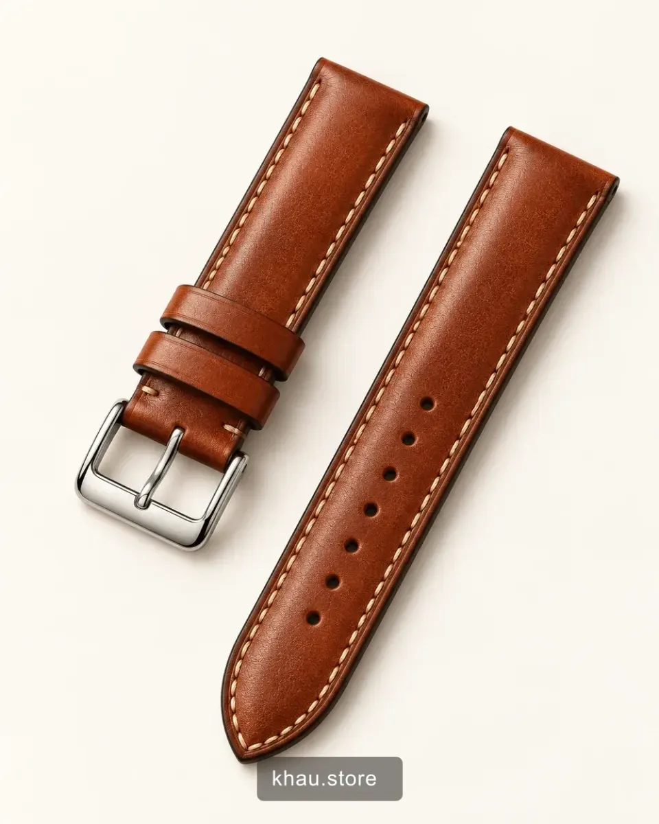 Cognac leather watch strap concept on an ivory background