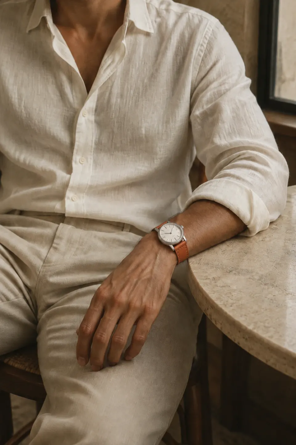 AI example of the same outfit with a naturally worn watch and cognac Khâu strap