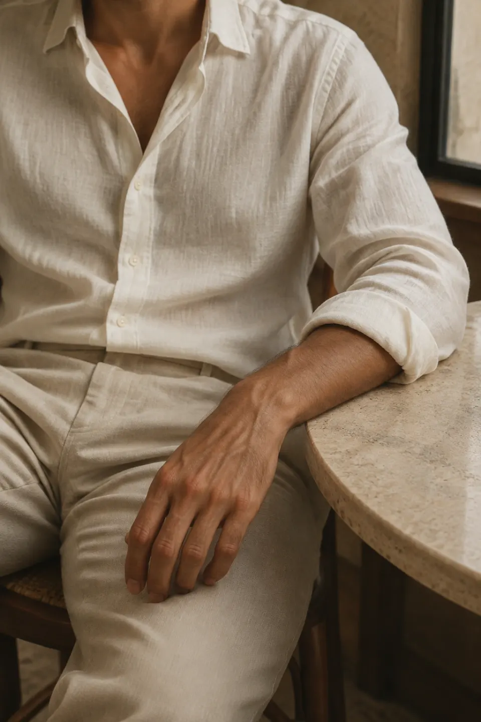 Ivory linen outfit with an exposed wrist in soft daylight, before trying a watch